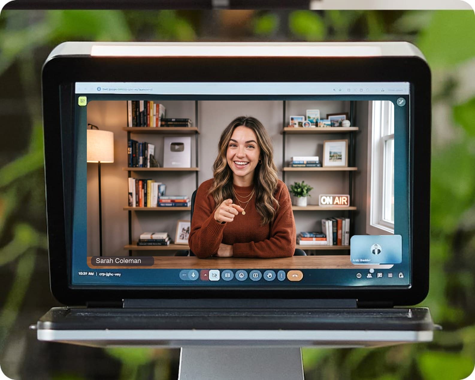 A video caller smiling with direct eye contact on the iVi screen, with natural greenery in the background