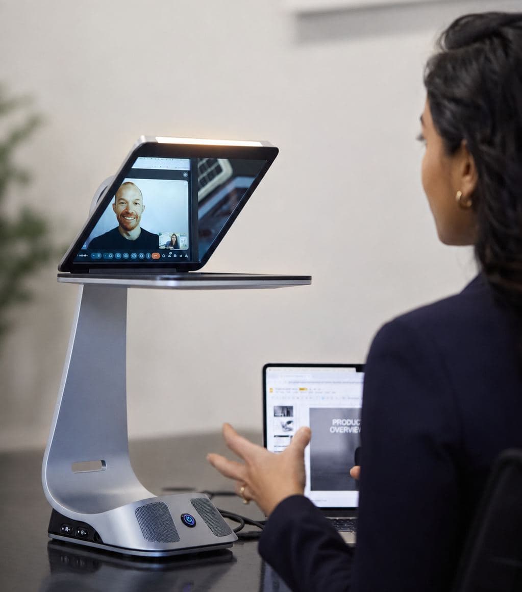 Woman on a video call looking at a colleague through the iVi display